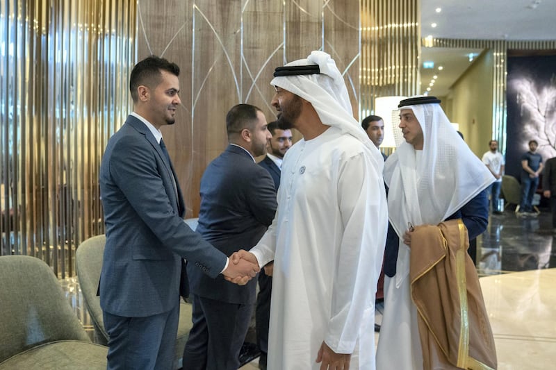 ASTANA, KAZAKHSTAN - July 05, 2018: HH Sheikh Mohamed bin Zayed Al Nahyan, Crown Prince of Abu Dhabi and Deputy Supreme Commander of the UAE Armed Forces (2nd R) greets UAE students who are studying in Kazakhstan.Seen with HH Sheikh Mansour bin Zayed Al Nahyan, UAE Deputy Prime Minister and Minister of Presidential Affairs (R).

Mohamed Al Hammadi / Crown Prince Court - Abu Dhabi