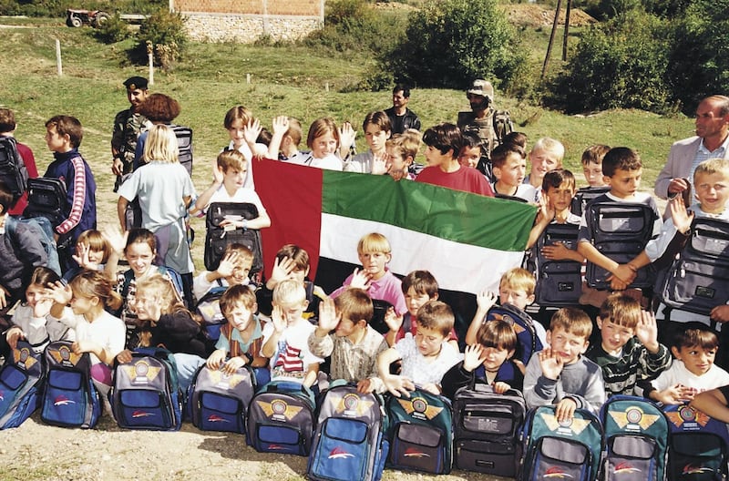 Kosovar children receive back to school kits and backpacks. Courtesy: Maj Gen Obaid Al Ketbi