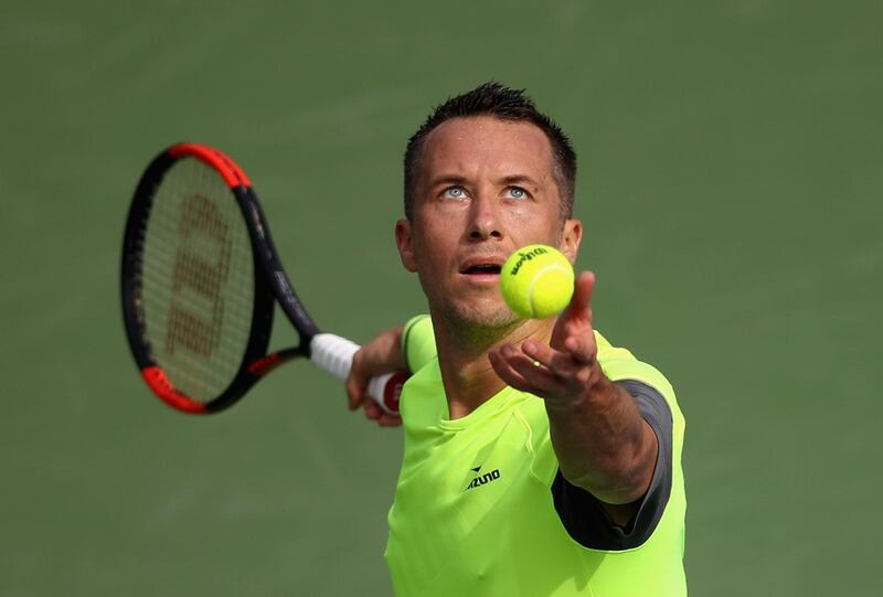 DUBAI, UNITED ARAB EMIRATES - FEBRUARY 26:  Philipp Kohlschreiber of Germany serves in his match against Gleb Sakharov of France during day one of the ATP Dubai Duty Free Tennis Championships at the Dubai Duty Free Stadium on February 26, 2018 in Dubai, United Arab Emirates.  (Photo by Francois Nel/Getty Images)