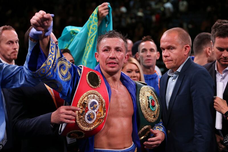Gennadiy Golovkin raises his arm after defeating Sergiy Derevyanchenko by decision in their IBF middleweight championship title bout at Madison Square Garden. AP Photo
