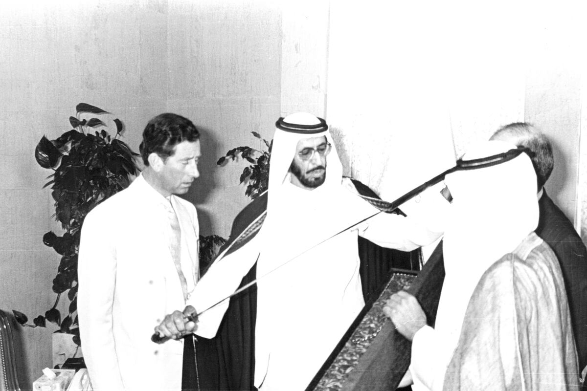 Left to right, HRH Prince Charles, HE Saeed bin Ahmed Al Otaiba, unidentified men. (Courtesy Al Ittihad)