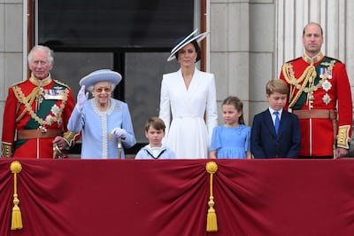 Queen Elizabeth II made a starring appearance on the balcony of Buckingham Palace during her platinum jubilee celebrations, where she was joined by (from left) Prince Charles, Prince Louis of Cambridge, the Duchess of Cambridge, Princess Charlotte, Prince George of Cambridge and Prince William. AFP