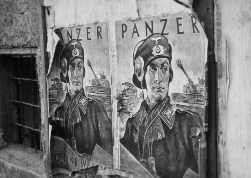 The Nazi used images of tank drivers, such as in this poster from 1943 Vienna, to define ideas of 'heroism'. In the book, the author examines the work of Victor Klemperer on this theme, where just uttering the term heroism under the Nazis could hijack rational dialogue. Getty images 