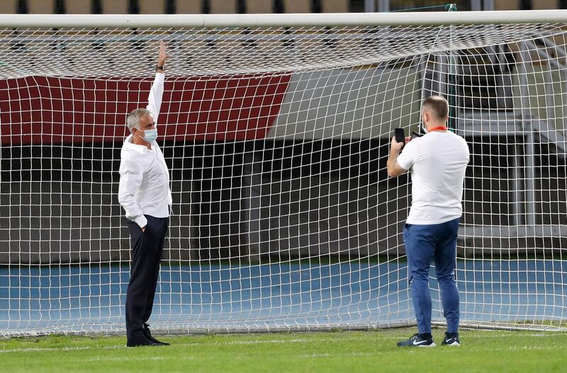 Tottenham manager Jose Mourinho inspects the goalpost ahead of the Uefa Europa League third round qualifying match against Shkendija at the Tose Proeski Arena in Skopje, Macedonia, on Thursday. Getty