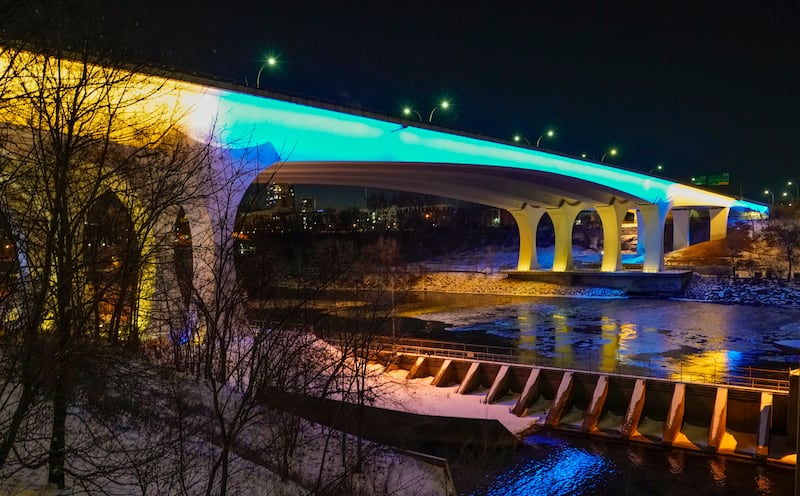 The I-35W Bridge glows blue and yellow in support of the people of Ukraine in Minneapolis, Minnesota. EPA