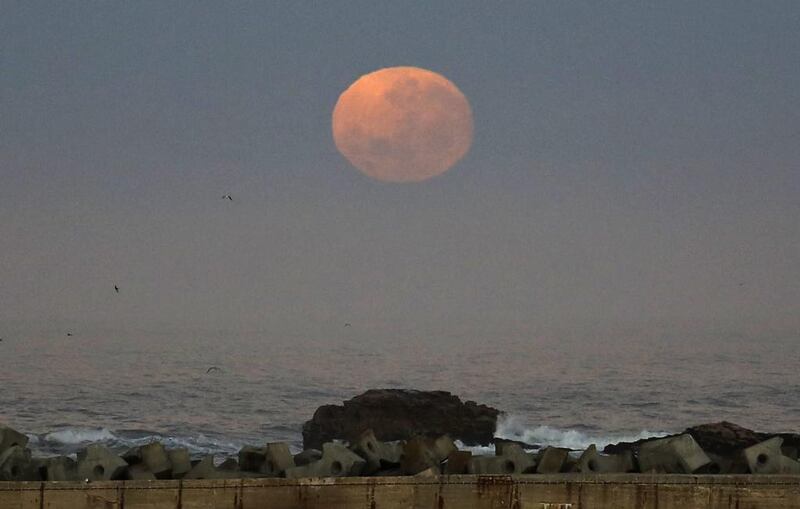 The moon rises over the harbour of the coastal town of Lambert's Bay, South Africa, on Monday, November 14, 2016. The brightest moon in almost 69 years will be lighting up the sky this week in a treat for star watchers around the globe. Schalk van Zuydam / AP Photo