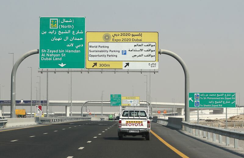Expo 2020 signs to take visitors to the site in Dubai South. Pawan Singh / The National.