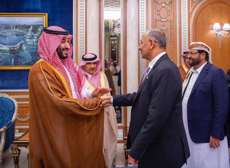Prince Mohammed greets Aidarous Qassem Al Zubaidi, a member of the newly established Yemeni presidential council.