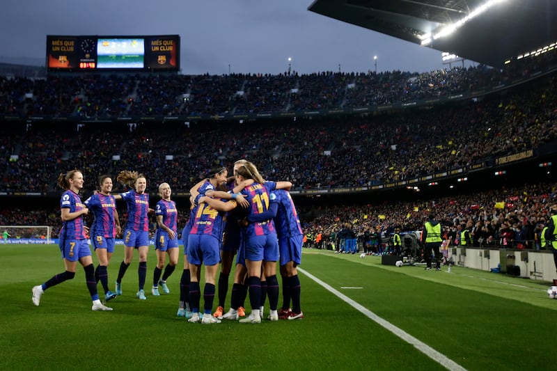 Barcelona celebrate the third goal against Real Madrid. AP 