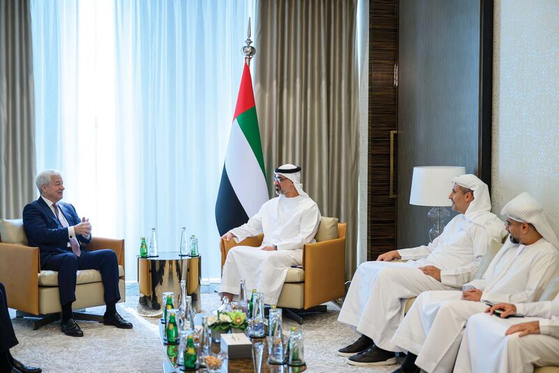 Sheikh Khaled bin Mohamed, Crown Prince of Abu Dhabi and chairman of the Abu Dhabi Executive Council, during a meeting with JP Morgan Chase chairman and chief executive Jamie Dimon in Abu Dhabi. Photo: Abu Dhabi Media Office
