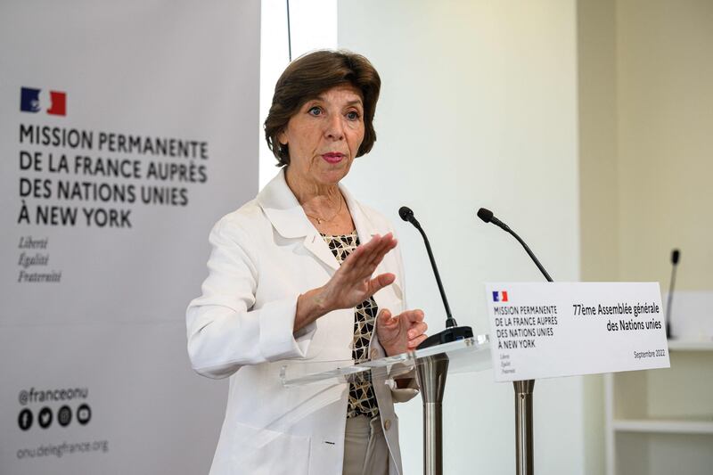 French Foreign Minister Catherine Colonna speaks in New York on Monday. AFP