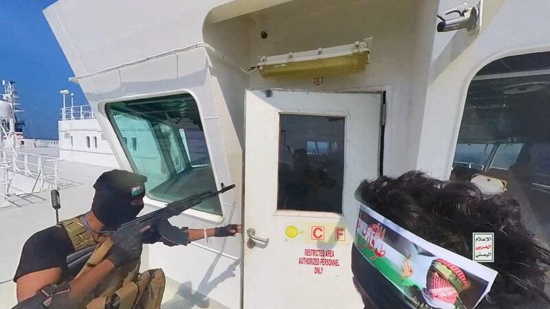 Houthi fighters storm the Galaxy Leader. Armed guards on civilian vessels are understood to have deterred other Houthi attacks with shipping levels in the Red Sea remaining at high levels. Reuters