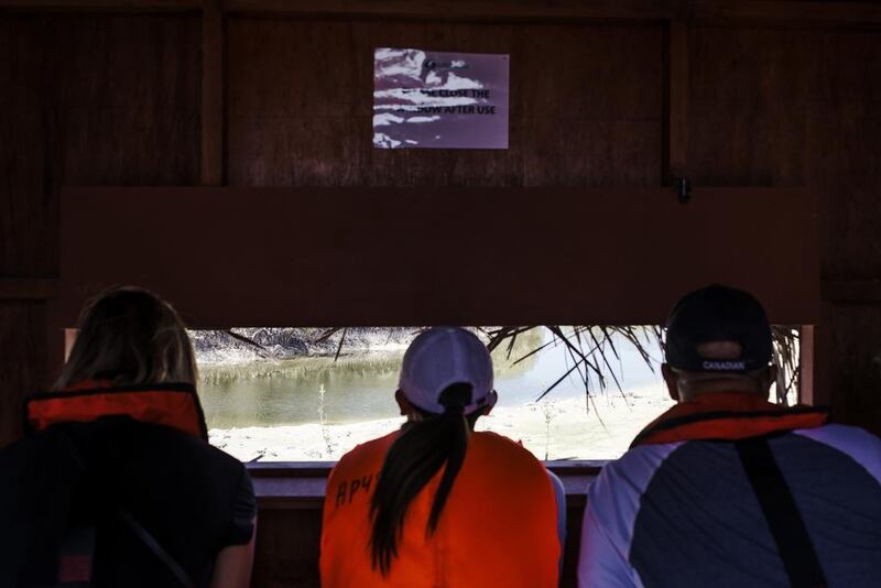 From left: Laura Koot, The National’s Managing Editor, reader Janice Liu, and Arif Lalani, Canada's ambassador to the UAE, look out from the bird watching hut.