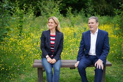 CLECKHEATON, ENGLAND - JUNE 10: Labour party leader Sir Keir Starmer and Batley and Spen by-election candidate Kim Leadbeater visit the Jo Cox Community Wood created in memory of Jo Cox MP, the sister of Kim Leadbeater, on June 10, 2021 in Cleckheaton, England. Kim Leadbeater is campaigning for the Batley and Spen seat after MP Tracy Brabin stepped down to become West Yorkshireâ€™s Metro Mayor. The Batley and Spen seat was once held by Kim Leadbeater's sister Jo Cox MP, who was murdered by a far-right extremist in 2016. (Photo by Christopher Furlong/Getty Images)
