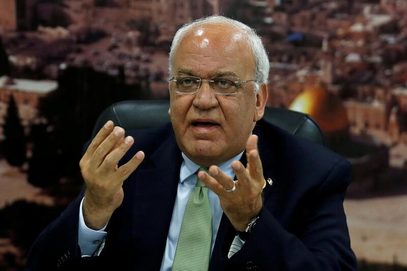 FILE PHOTO: Chief Palestinian Negotiator Saeb Erekat gestures as he speaks to the media in Ramallah, in the Israeli-occupied West Bank July 1, 2019.  REUTERS/Mohamad Torokman/File Photo