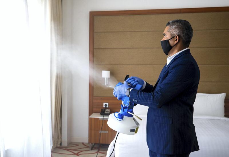 Abu Dhabi, United Arab Emirates, July 8, 2020.   
 Room sanitation procedures conducted in the rooms at Marriot Hotel Downtown, Abu Dhabi.
Victor Besa  / The National
For:  Hotels Opening AUH
Section:  NA 
Reporter: