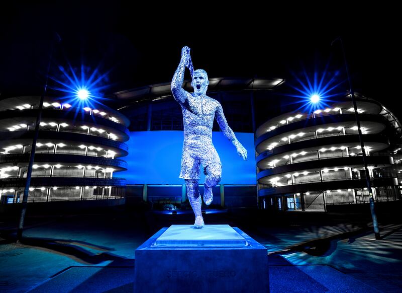 A statue of Manchester City legend Sergio Aguero, designed by sculptor Andy Scott, outside the Etihad Stadium. AP