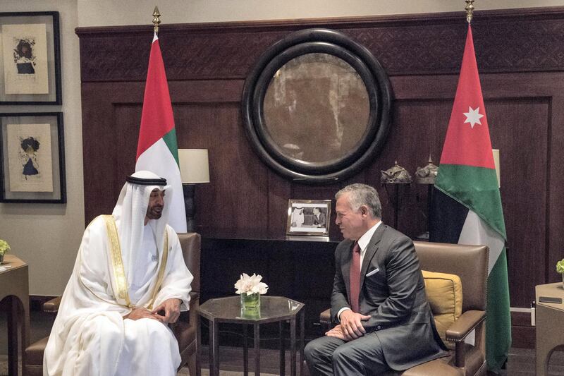 AMMAN, JORDAN - November 20, 2018: HH Sheikh Mohamed bin Zayed Al Nahyan Crown Prince of Abu Dhabi Deputy Supreme Commander of the UAE Armed Forces (L) meets with HM King Abdullah II, King of Jordan  (R), at Al Husseiniya Palace.
( Hamad Al Kaabi / Ministry of Presidential Affairs )
---