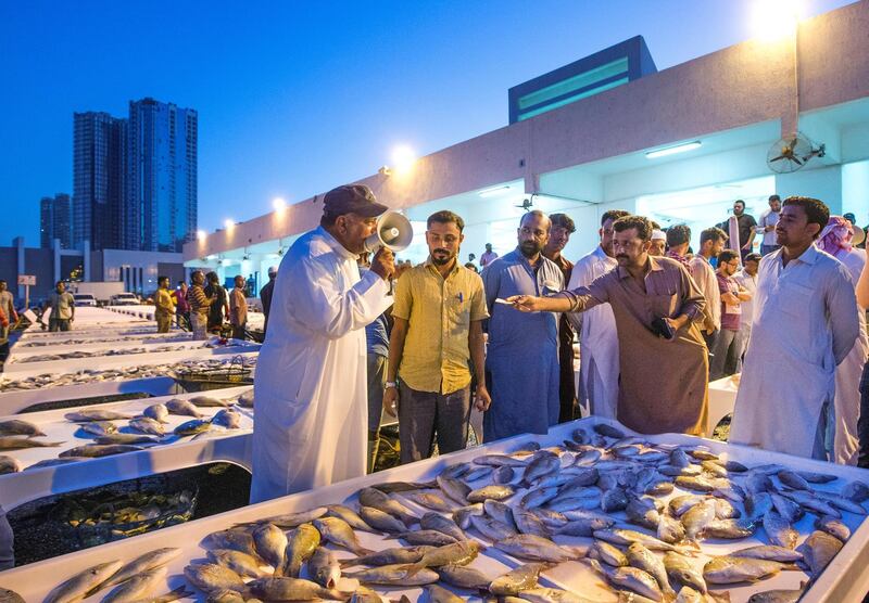 AJMAN, UNITED ARAB EMIRATES - An auctioneer calling people to bid in Ajman Fish Market.  Leslie Pableo for The National