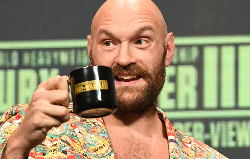 WBC heavyweight boxing champion Tyson Fury at the media conference with Deontay Wilder at the MGM Grand Garden Arena on October 6, 2021 in Las Vegas, Nevada. AFP