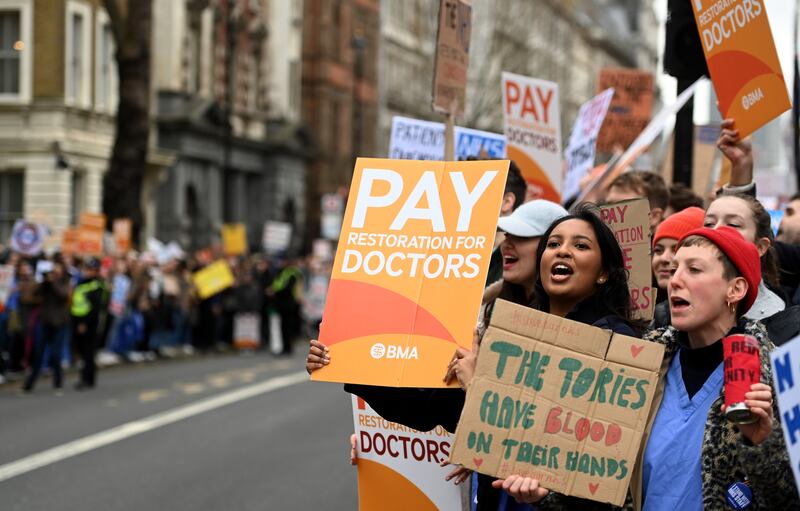 Junior doctors rally outside Downing Street in London. EPA