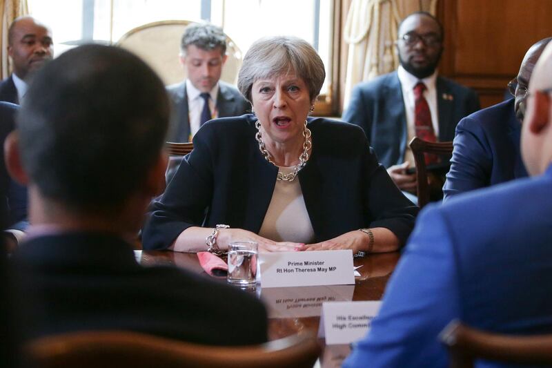 LONDON, ENGLAND - APRIL 17: Britain's Prime Minister Theresa May hosts a meeting with leaders and representatives of Caribbean countries at 10 Downing Street on April 17, 2017 in London, England. Theresa May is meeting Caribbean leaders as the Government faces severe criticism over the treatment of the "Windrush" generation of British residents.  (Photo by Daniel Leal-Olivas - WPA Pool/Getty Images)