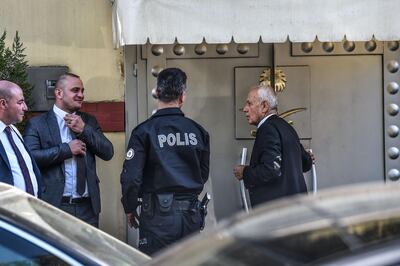 A Turkish police officer of the consulate stand in front of the Saudi Arabian consulate on October 8, 2018 in Istanbul. 
 Jamal Khashoggi, a veteran Saudi journalist who has been critical towards the Saudi government has gone missing after visiting the kingdom's consulate in Istanbul on October 2, 2018, the Washington Post reported. Turkey has sought permission to search Saudi Arabia's consulate in Istanbul after a prominent journalist from the kingdom went missing last week following a visit to the building, Turkish television reported on October 8. / AFP / OZAN KOSE
