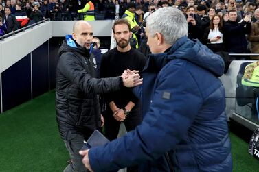 LONDON, ENGLAND - FEBRUARY 02: Jose Mourinho, Manager of Tottenham Hotspur greets Pep Guardiola, Manager of Manchester City prior to the Premier League match between Tottenham Hotspur and Manchester City at Tottenham Hotspur Stadium on February 02, 2020 in London, United Kingdom. (Photo by Matt McNulty - Manchester City/Manchester City FC via Getty Images)