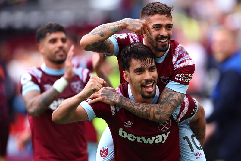 Manuel Lanzini of West Ham United celebrates with teammate Lucas Paqueta after scoring the third goal. Getty 