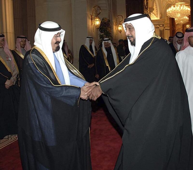 FILE - Saudi King Abdullah, left, greets UAE President Sheikh Khalifa bin Zayed before the closing ceremony of the GCC-Summit in Riyadh December 10, 2006.  Saudi Arabia's King Abdullah died before dawn on January 23, 2015.  Reuters