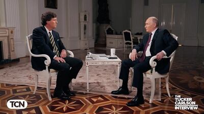 Russian President Vladimir Putin sits down with Tucker Carlson for a taped conversation. Reuters