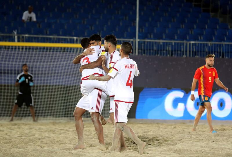 Dubai, United Arab Emirates - November 05, 2019: The UAE's Abbas Ali scores during the game between the UAE and Spain during the Intercontinental Beach Soccer Cup. Tuesday the 5th of November 2019. Kite Beach, Dubai. Chris Whiteoak / The National