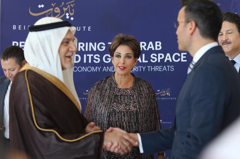 ABU DHABI, UNITED ARAB EMIRATES - - -  February 21, 2016 ---Raghida Dergha (center), is the founder and executive chairwoman of the Beirut Institute. She attended the press conference addressing the Reconfiguring the Arab Region and It's Global Space , which was hosted by the Beirut Institute. The event was held at St. Regis in Abu Dhabi on Sunday, February 21, 2016.    ( DELORES JOHNSON / The National )
ID: 73915
Reporter: Caline and Ken
Section: BZ amd News *** Local Caption ***  DJ-210216-BZ-NEWS-Turki-73915-019.jpg