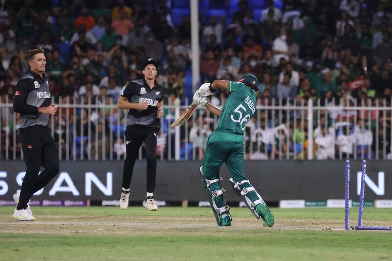 Pakistan's captain Babar Azam is clean bowled by New Zealand's Tim Southee. AFP