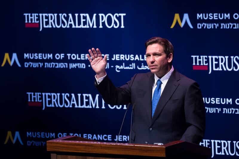 Florida Governor Ron DeSantis gives a speech during a conference at the Museum of Tolerance in Jerusalem in April this year. Getty