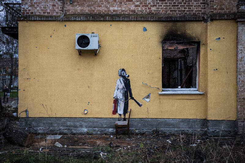 The Banksy mural in Hostomel before it was removed. Getty
