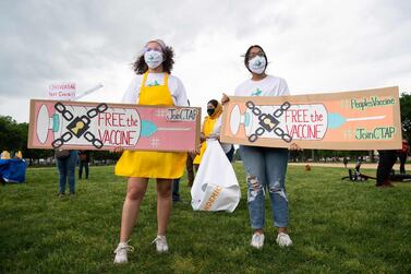 Demonstrators hold a rally to 'Free the Vaccine' in Washington recently, calling on the US to commit to a global coronavirus vaccination plan that includes sharing vaccine formulas with the world. AFP