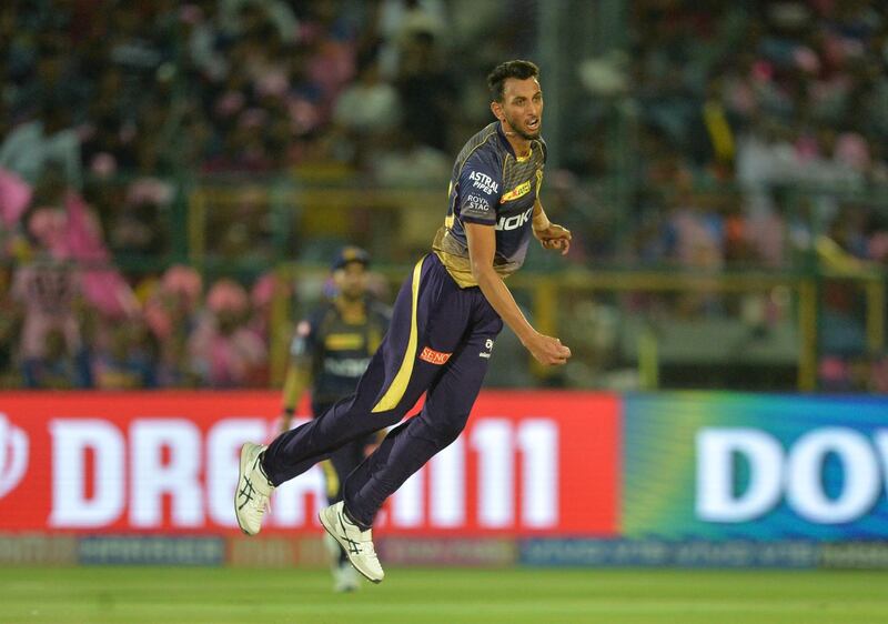 Kolkata Knight Riders bowler Prasidh Krishna bowls during the 2019 Indian Premier League (IPL) Twenty20 cricket match between Rajasthan Royals and Kolkata Knight Riders at the Sawai Mansingh Stadium in Jaipur on April 7, 2019. (Photo by Sajjad HUSSAIN / AFP) / ----IMAGE RESTRICTED TO EDITORIAL USE - STRICTLY NO COMMERCIAL USE-----