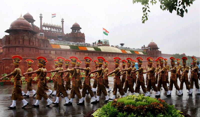 Indian police march in front of the historic Red Fort during Independence Day celebrations in New Delhi, India, Monday, Aug. 15, 2011. India marked 64 years of independence from British rule. (AP Photo) INDIA OUT *** Local Caption ***  APTOPIX India Independence Day.JPEG-02c32.jpg