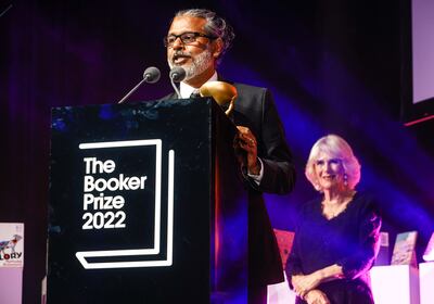 Shehan Karunatilaka delivers his winning speech at the Roundhouse in London on Monday. PA
