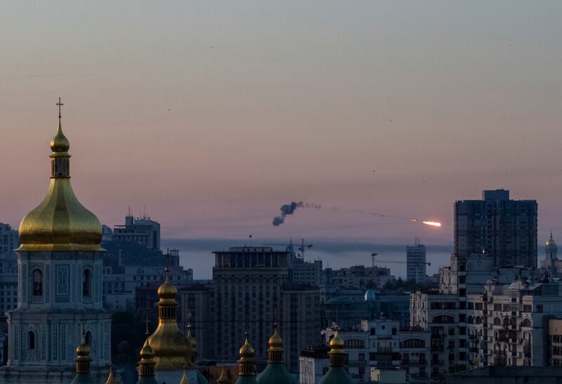 A missile fired at Kyiv in Ukraine is intercepted and destroyed. Reuters