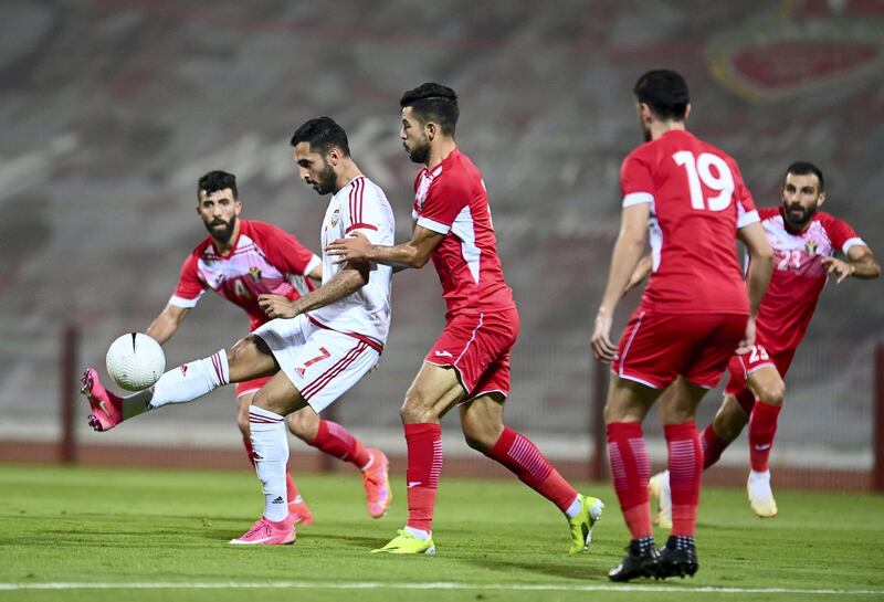 Dubai / Monday May 24, 2021: Our first national football team defeated its Jordanian counterpart by five goals to one goal in the international friendly match that took place today at Rashid Stadium at Al-Ahly Youth Club in Dubai in the final rehearsal for Al-Abyad in preparation for the joint Asian qualifiers for the 2022 World Cup Finals and Cup Finals Asia 2023, which will be held in the country from the third of next June. Courtesy UAE FA