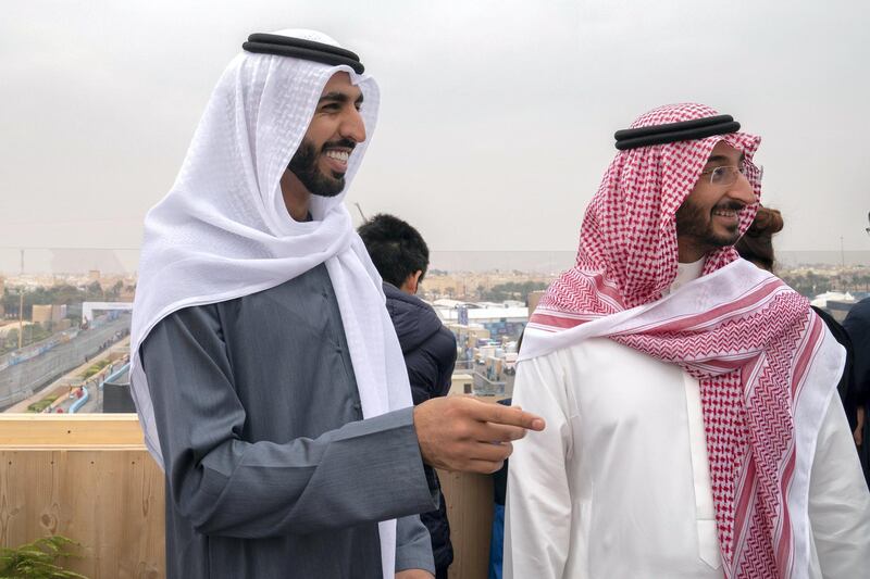 RIYADH, SAUDI ARABIA - December 15, 2018: HH Sheikh Shakboot bin Nahyan bin Mubarak Al Nahyan, UAE Ambassador to Saudi Arabia (R) attends the final day of the 2018 Formula E Saudi Ad Diriyah E-prix.

( Mohamed Al Hammadi / Ministry of Presidential Affairs )
---