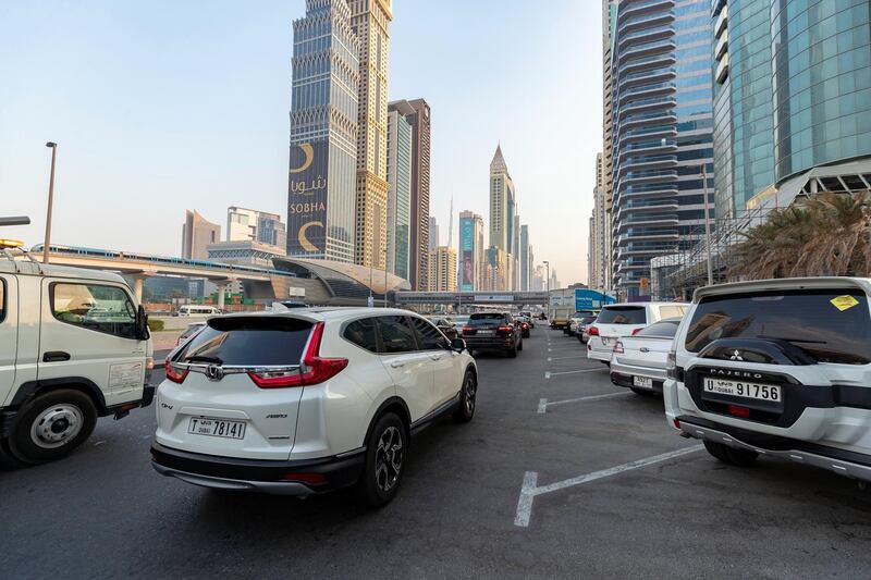 Dubai, United Arab Emirates - July 17, 2019: Stock. Traffic on a slip road off Sheikh Zayed road. Wednesday the 17th of July 2019. Downtown, Dubai. Chris Whiteoak / The National