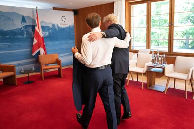 Then British prime minister Boris Johnson holds a bilateral meeting with Emanuel Macron on the first day of the G7 summit at Schloss Elmau, Germany, in June. Getty Images