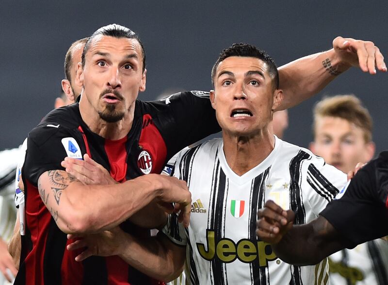 Milan's Zlatan Ibrahimovic and Cristiano Ronaldo of Juve. Reuters