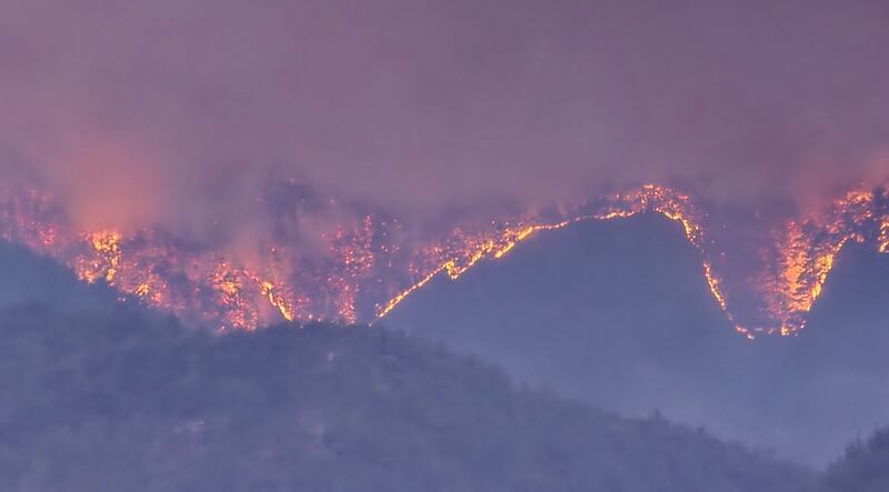 A wildfire burns on a mountain in Samcheok. EPA