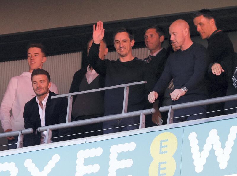 LONDON, ENGLAND - MAY 11: David Beckham, Gary Neville, Nicky Butt and Phil Neville in the stands during the Vanarama National League Play Off Final between Salford City and AFC Fylde at Wembley Stadium on May 11, 2019 in London, England. (Photo by Henry Browne/Getty Images)