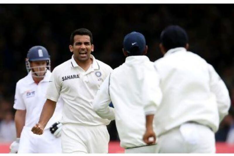 Zaheer Khan, second from the left, reacts to taking an opening wicket in the First Test against England yesterday at Lord's.
