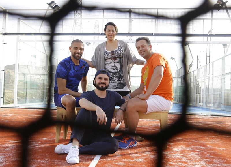 From left, Mohammed Galal, Hussein El Reda, Carolina Gallo and Karim NSouli of the newly opened Padel Pro club in Dubai. Jeffrey E Biteng / The National